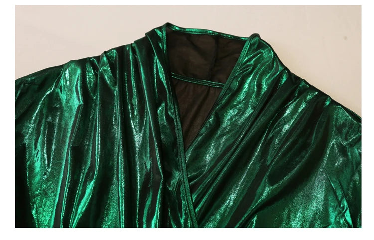 Street wear Gold Silver Green Shinny Short Sleeve Blouse Women Sexy Irregular Short Wrap Shirt Female Bandage Summer Tops
