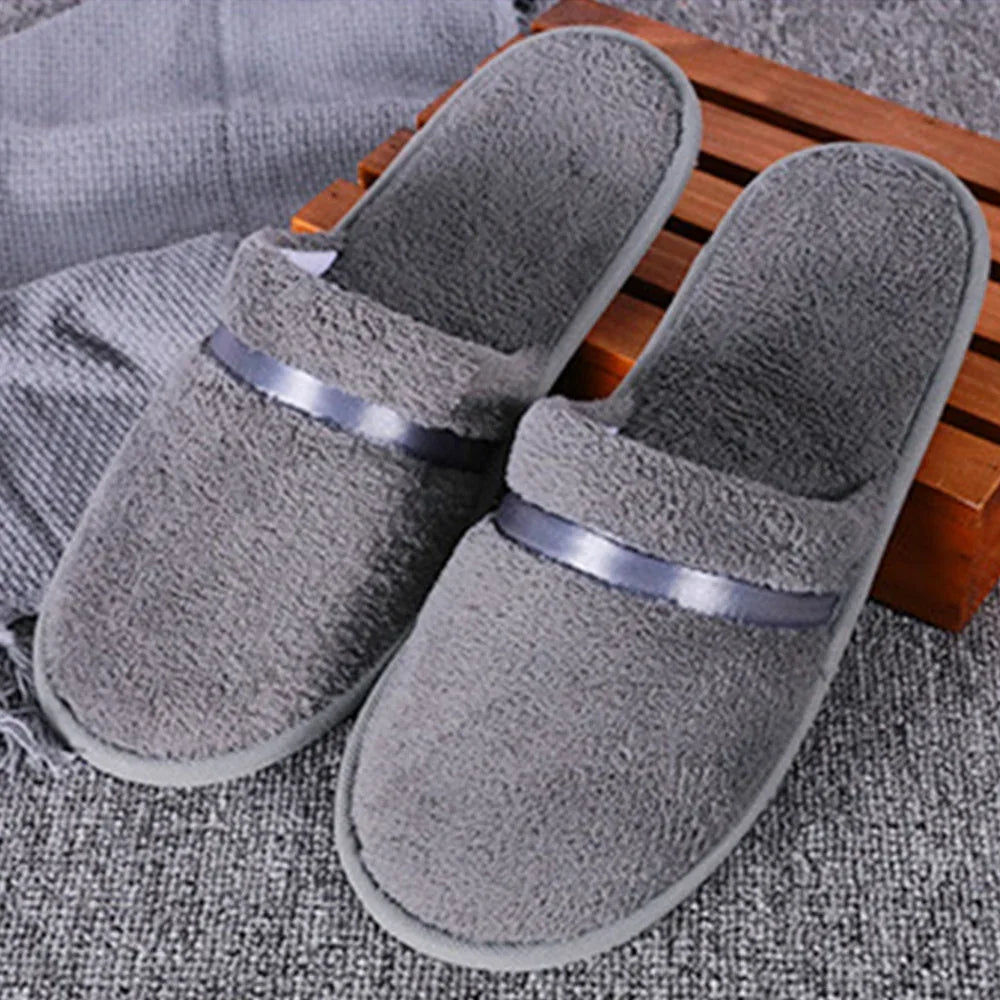 1 Pair Reusable Hotel Slippers For Men Women Coral Fleece Slippers Non-slip Breathable Soft Winter Accessories Indoor Shoes