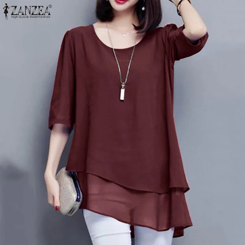 2024 ZANZEA Summer Women Fashion Lace Patchwork Blouse 3/4 Sleeved O-Neck Shirt Casual Irregular Hem Shirt Tops Blusas Oversized