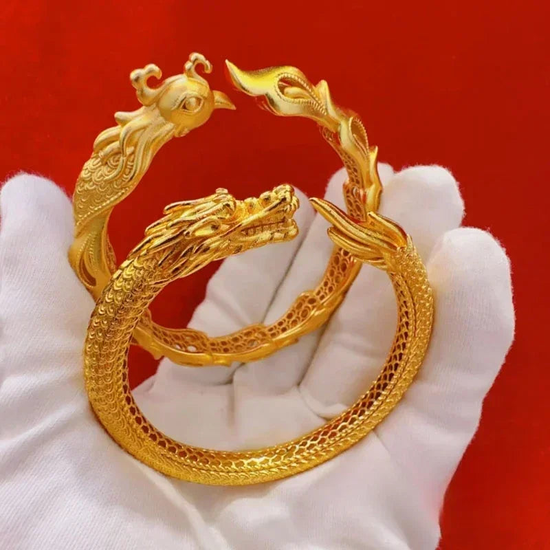 Vintage Faucet Opening Adjustable Bangles Couple Dragon Phoenix Wedding Anniversary Wishing Amulet Father's Day Jewelry Gifts