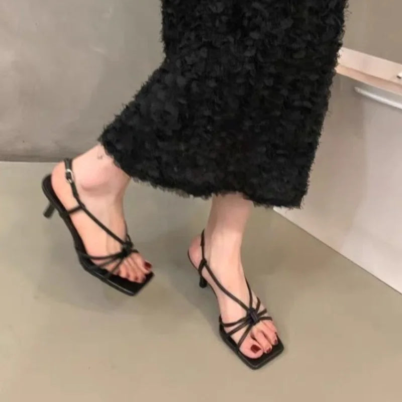 Elegant French Style Black High Heel Sandals with Fine Straps Women's Shoes 2025 Summer New Arrival Niche Fine Track Roman Shoes