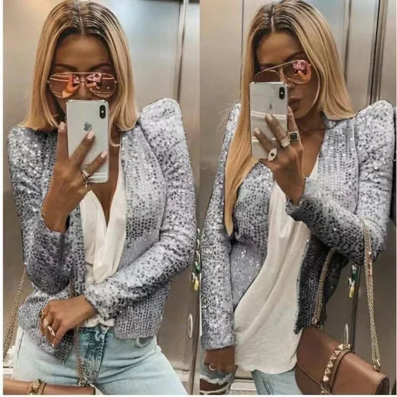 2025 Spring Sequin Jackets Women Glitter Long Sleeve Short Coats Fashion Elegant Outwear Office Ladies Solid Streetwear Jacket