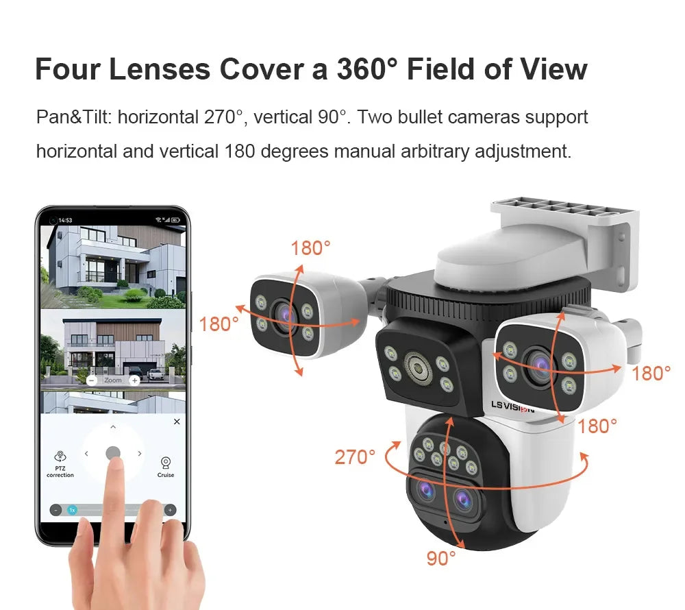LS VISION 20MP Four Screens WiFi Security Camera Outdoor 10X Optical Zoom Four Lens Human Auto Tracking Waterproof CCTV Cameras