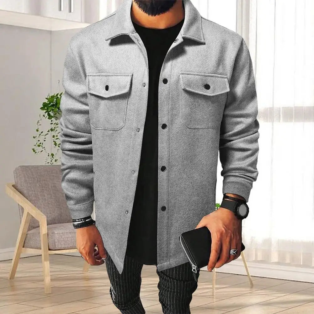 Retro Texture Shirt Jacket Men's Solid Color Lapel Shirt Jacket Autumn Winter Long Sleeve Coat with Flap Pockets Single Breasted