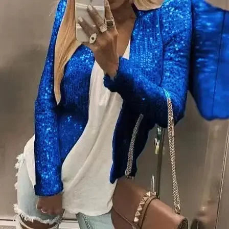 2025 Spring Sequin Jackets Women Glitter Long Sleeve Short Coats Fashion Elegant Outwear Office Ladies Solid Streetwear Jacket