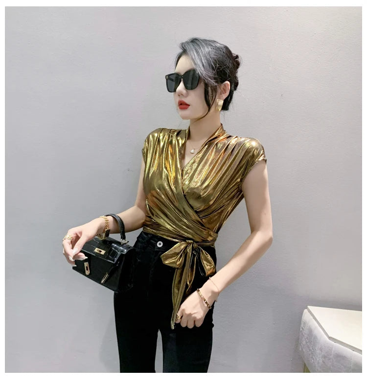 Street wear Gold Silver Green Shinny Short Sleeve Blouse Women Sexy Irregular Short Wrap Shirt Female Bandage Summer Tops