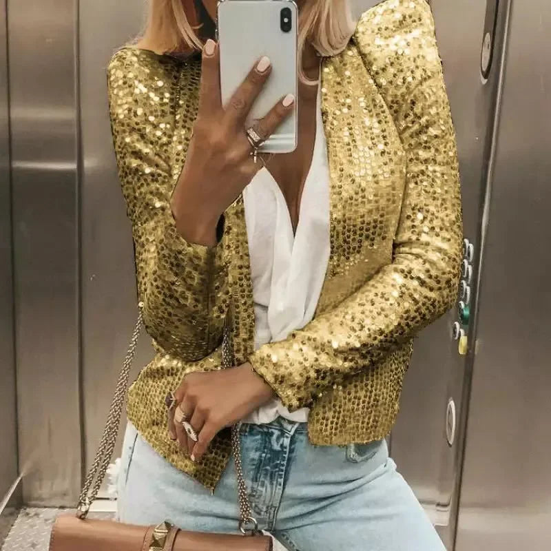 2025 Spring Sequin Jackets Women Glitter Long Sleeve Short Coats Fashion Elegant Outwear Office Ladies Solid Streetwear Jacket