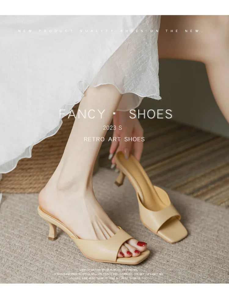 2025 new Summer Square Head open toe High Heel Women's Slippers pu Leather Prom Shoes Series Fine Heel Sandals Ladies Slippers