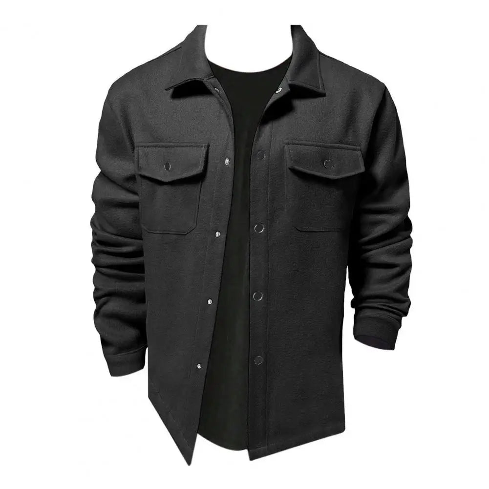Retro Texture Shirt Jacket Men's Solid Color Lapel Shirt Jacket Autumn Winter Long Sleeve Coat with Flap Pockets Single Breasted
