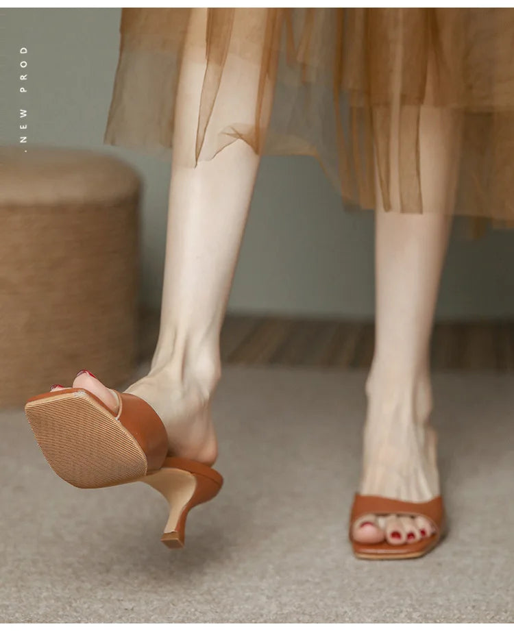 2025 new Summer Square Head open toe High Heel Women's Slippers pu Leather Prom Shoes Series Fine Heel Sandals Ladies Slippers