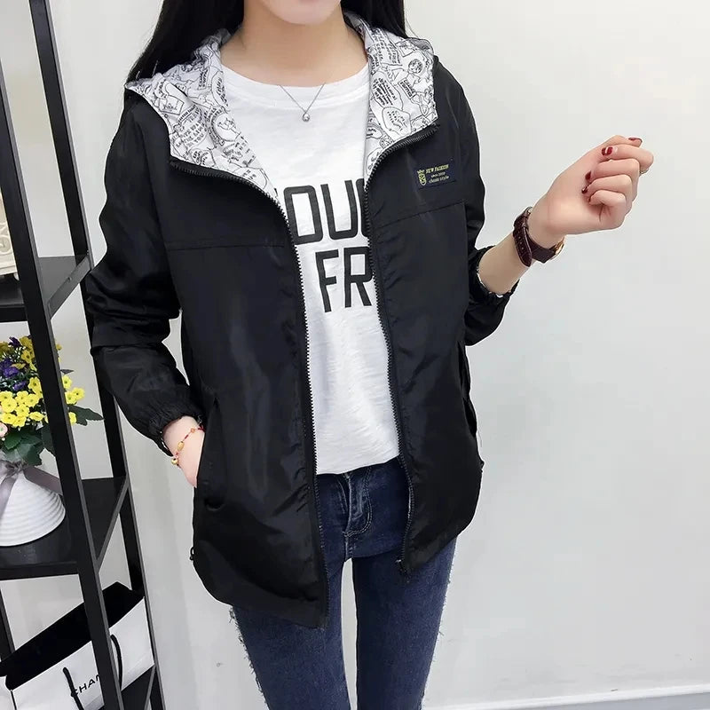 Double-Sided Trench Coat Women 2023 New Spring Autumn Clothes Hooded Windbreaker Jacket Female Outerwear Tops Student Coats 3XL