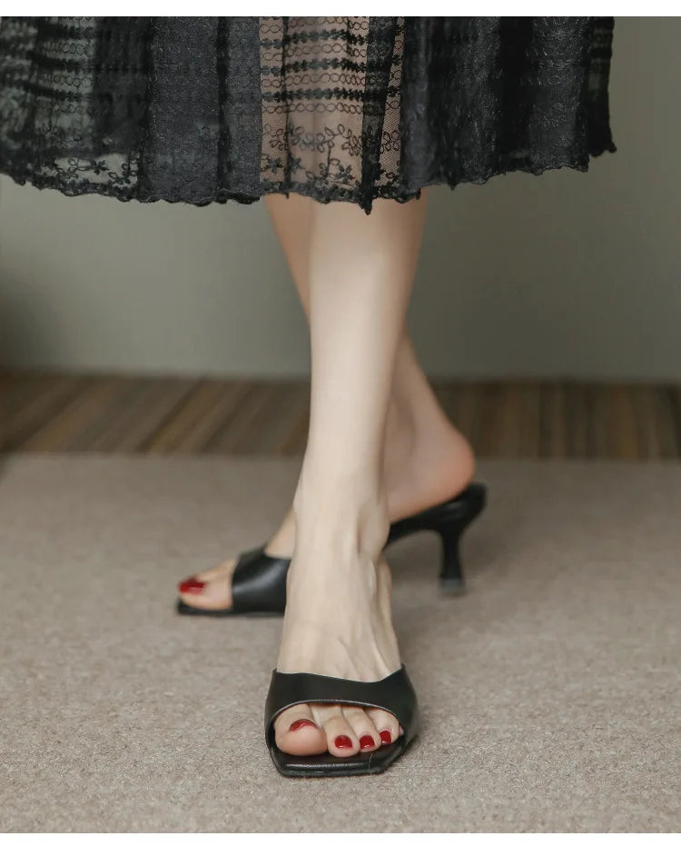 2025 new Summer Square Head open toe High Heel Women's Slippers pu Leather Prom Shoes Series Fine Heel Sandals Ladies Slippers