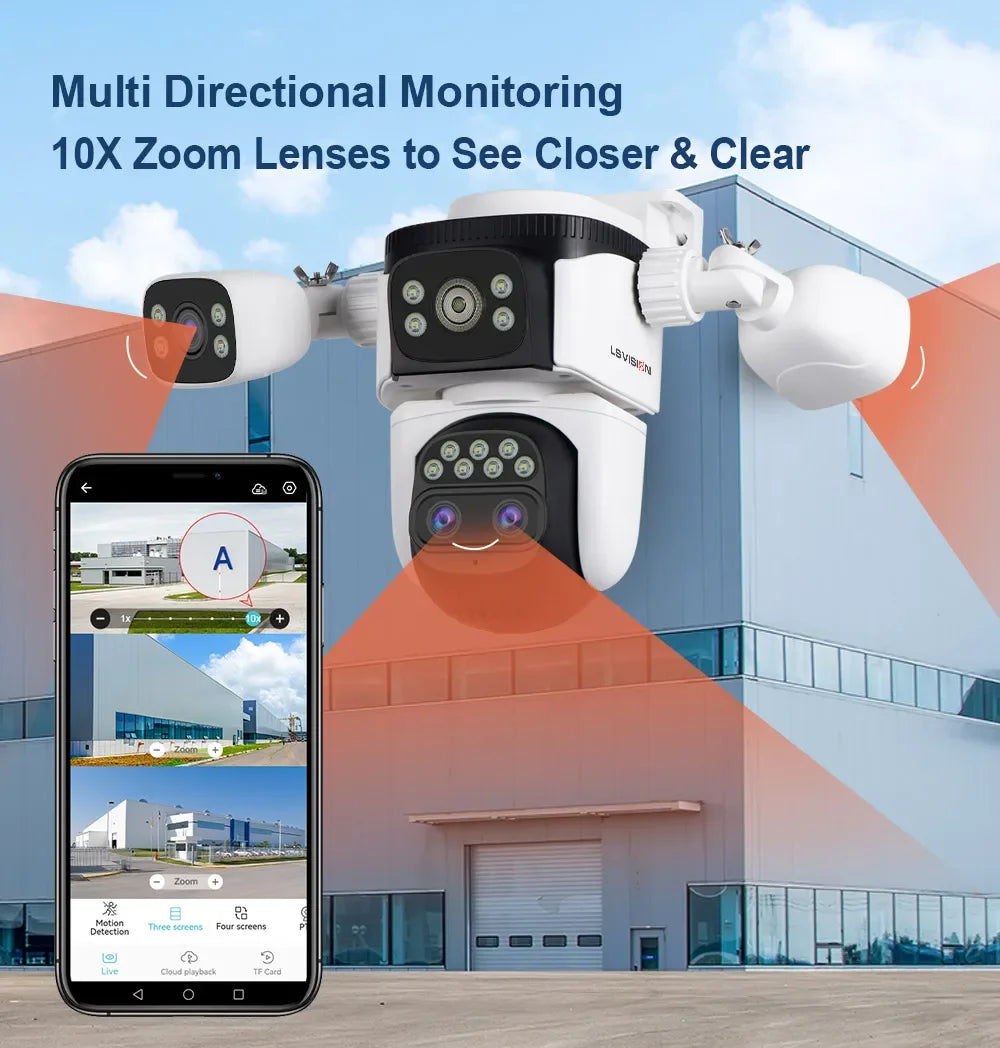 LS VISION 20MP Four Screens WiFi Security Camera Outdoor 10X Optical Zoom Four Lens Human Auto Tracking Waterproof CCTV Cameras