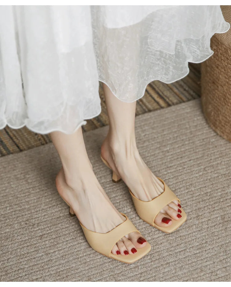 2025 new Summer Square Head open toe High Heel Women's Slippers pu Leather Prom Shoes Series Fine Heel Sandals Ladies Slippers
