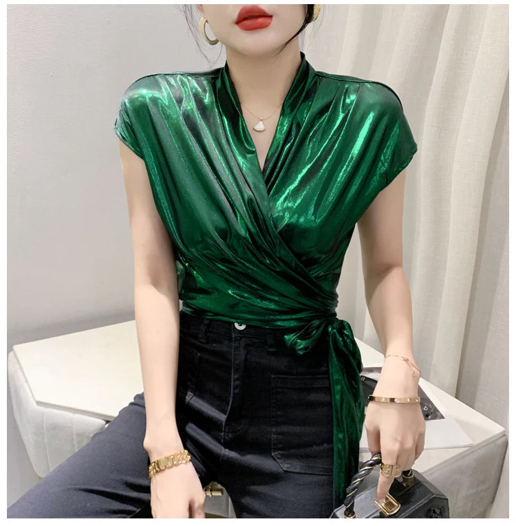 Street wear Gold Silver Green Shinny Short Sleeve Blouse Women Sexy Irregular Short Wrap Shirt Female Bandage Summer Tops