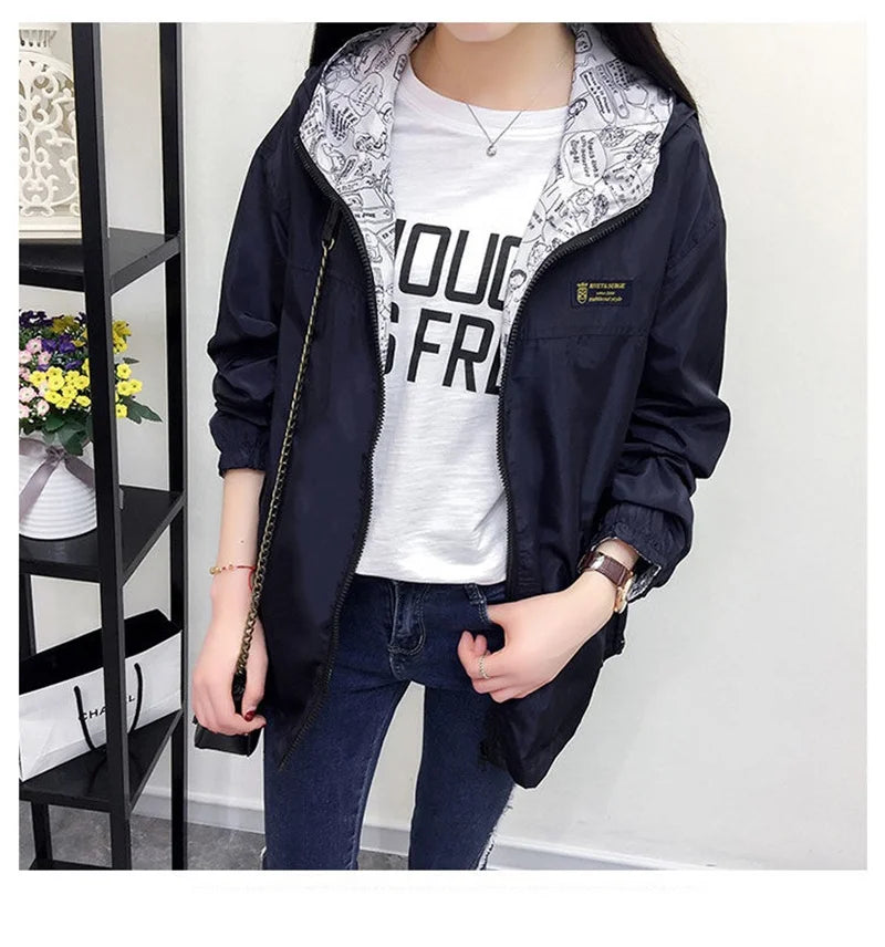 Double-Sided Trench Coat Women 2023 New Spring Autumn Clothes Hooded Windbreaker Jacket Female Outerwear Tops Student Coats 3XL