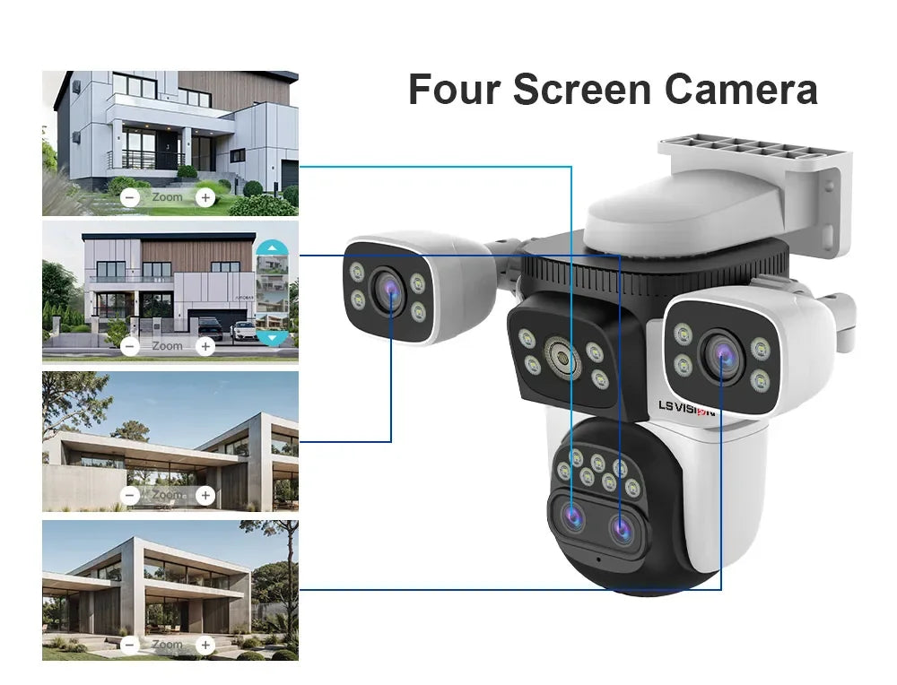 LS VISION 20MP Four Screens WiFi Security Camera Outdoor 10X Optical Zoom Four Lens Human Auto Tracking Waterproof CCTV Cameras