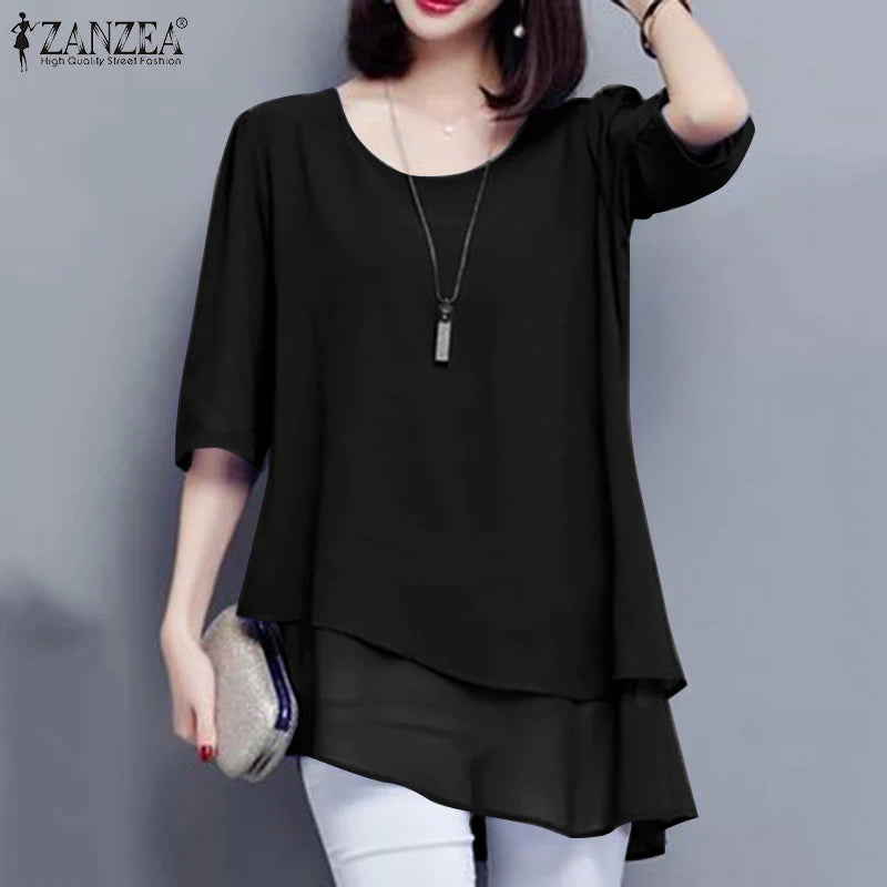 2024 ZANZEA Summer Women Fashion Lace Patchwork Blouse 3/4 Sleeved O-Neck Shirt Casual Irregular Hem Shirt Tops Blusas Oversized