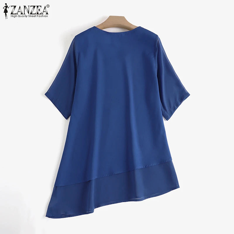 2024 ZANZEA Summer Women Fashion Lace Patchwork Blouse 3/4 Sleeved O-Neck Shirt Casual Irregular Hem Shirt Tops Blusas Oversized