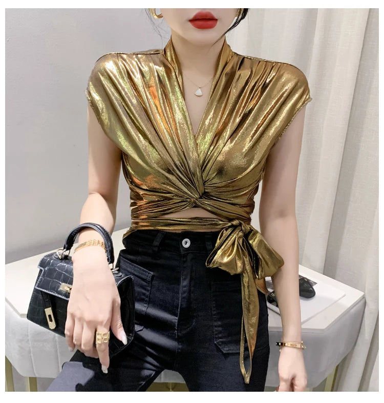 Street wear Gold Silver Green Shinny Short Sleeve Blouse Women Sexy Irregular Short Wrap Shirt Female Bandage Summer Tops