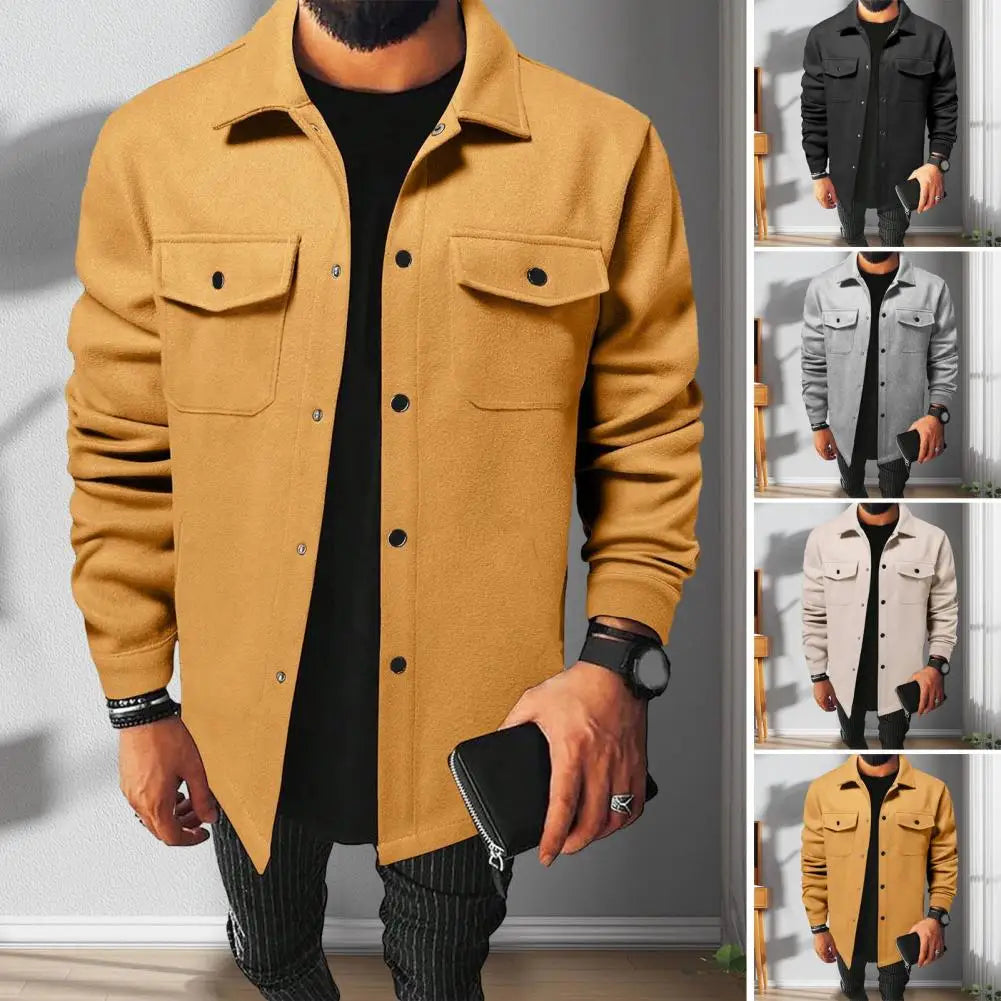Retro Texture Shirt Jacket Men's Solid Color Lapel Shirt Jacket Autumn Winter Long Sleeve Coat with Flap Pockets Single Breasted