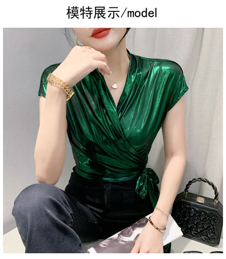 Street wear Gold Silver Green Shinny Short Sleeve Blouse Women Sexy Irregular Short Wrap Shirt Female Bandage Summer Tops