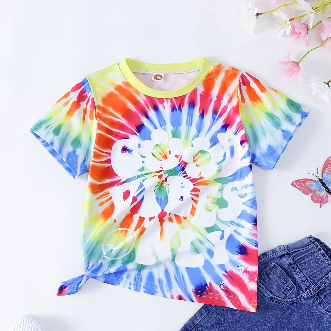 Girls' Tie Dye Letter Print Tshirt Children Crew Neck Casual Summer Short Sleeve TShirt Fashion Streetwear Trend Kids Adult Tops