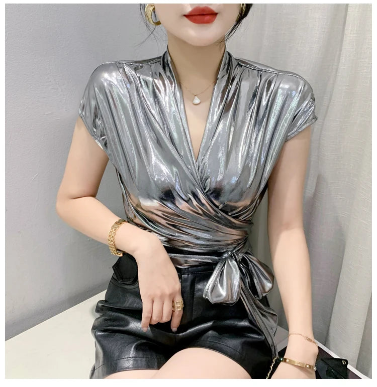 Street wear Gold Silver Green Shinny Short Sleeve Blouse Women Sexy Irregular Short Wrap Shirt Female Bandage Summer Tops