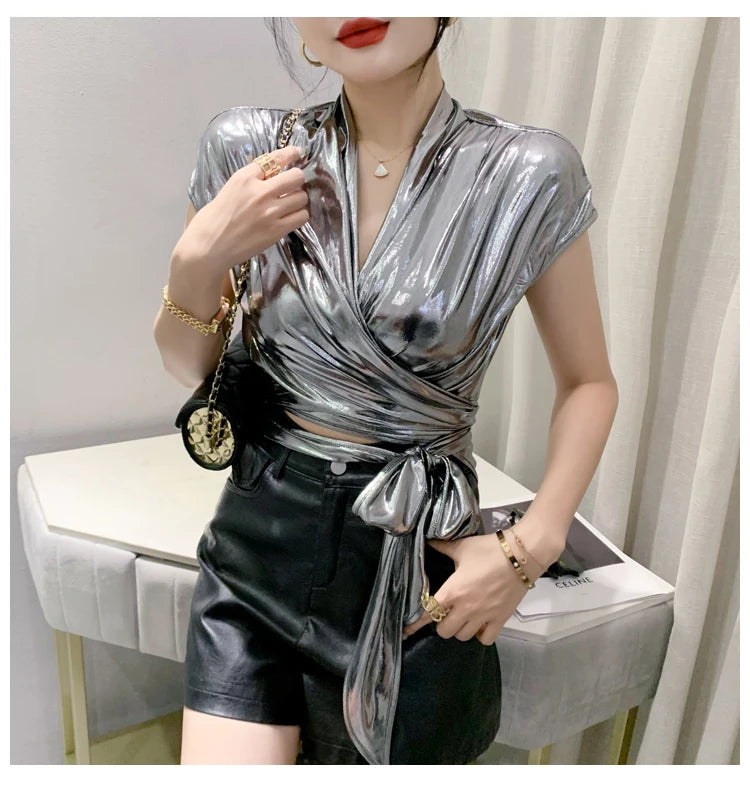 Street wear Gold Silver Green Shinny Short Sleeve Blouse Women Sexy Irregular Short Wrap Shirt Female Bandage Summer Tops